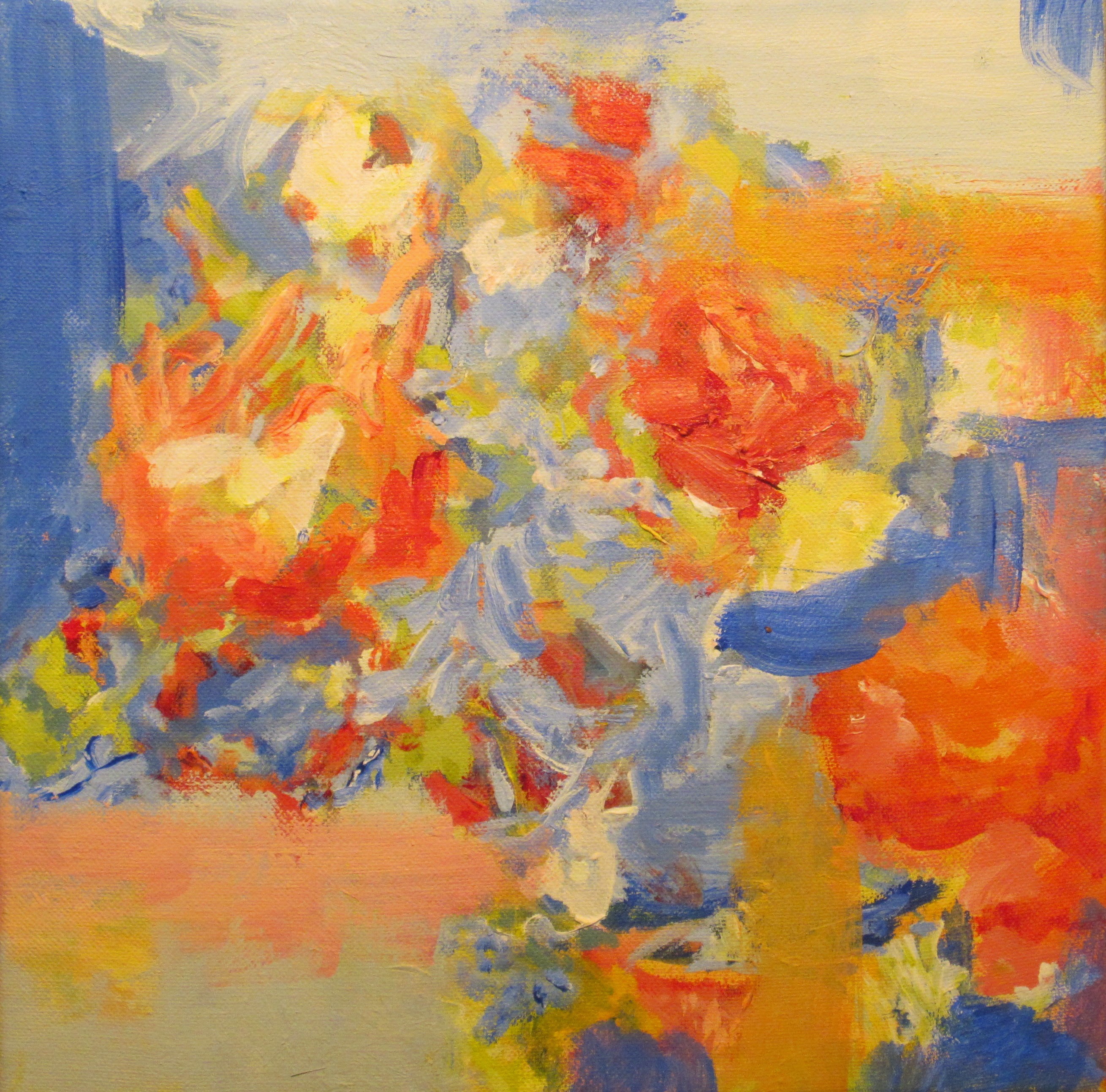 Abstract painting in orange, blue, cream, and yellow